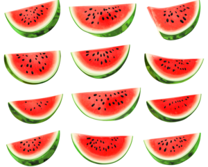 Twelve Watermelon Slices Grid Pattern Isolated On A White Background, PNG Transparent