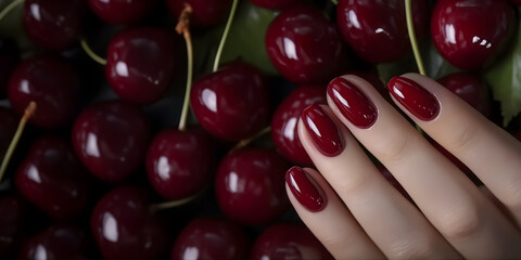 Сherry nail polish manicure on the background of ripe cherry berries, macro, close up, cherry polish nails backdrop