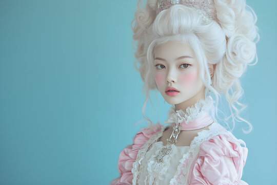 Beautiful asian model with high white rococo hairstyle in rococo powder pink with white outfit, isolated on light blue background, fashion photography