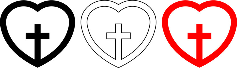 Christian cross with heart icon set