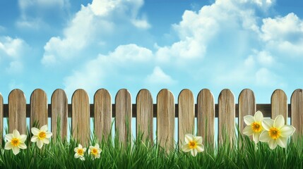 Obraz premium Spring grass and wooden fence adorned with vibrant yellow narcissus flowers and easter decorations under a cloudy sky, creating a cheerful seasonal scene for festive and nature-themed designs