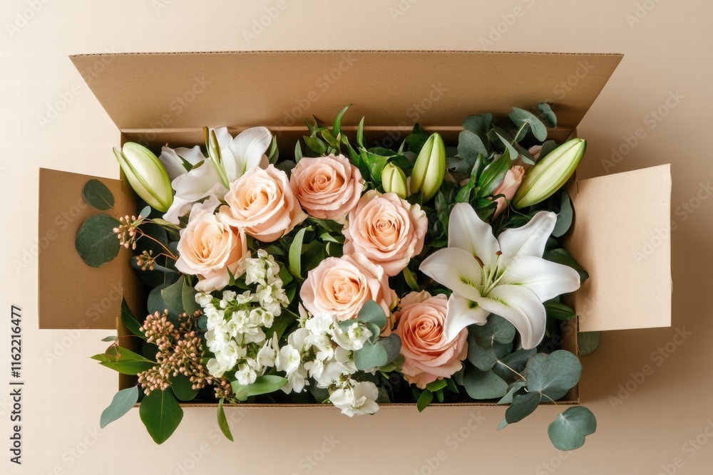 Poster fresh flowers arranged beautifully in a mocha mousse delivery box with ample space for promotional t