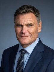Portrait of a middle-aged man in a navy blue suit and patterned tie, smiling slightly against a muted blue background.
