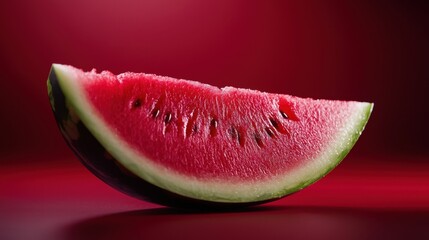 A slice of watermelon is shown on a red background
