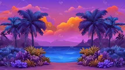Fototapeta premium Tropical Sunset Beach Paradise Vibrant Digital Art
