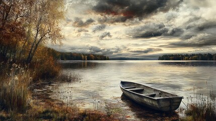 Obraz premium Serene Autumn Lake with Solitary Rowboat under Dramatic Sky