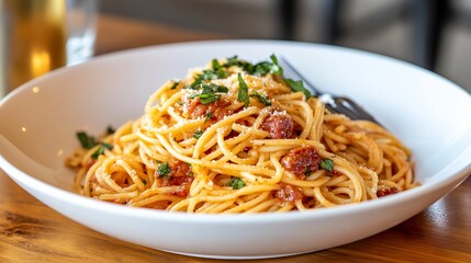 A plate of spaghetti topped with herbs and cheese, ready to eat.
