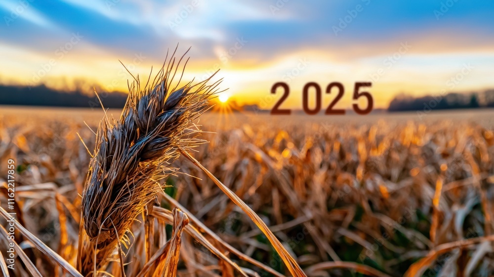 Poster a field of wheat with a sun setting in the background