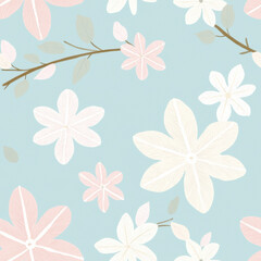 Fototapeta premium Gentle pastel gradient snowflake seamless pattern, A serene floral pattern featuring pastel-colored flowers against a soft blue background, ideal for textiles and wallpapers.