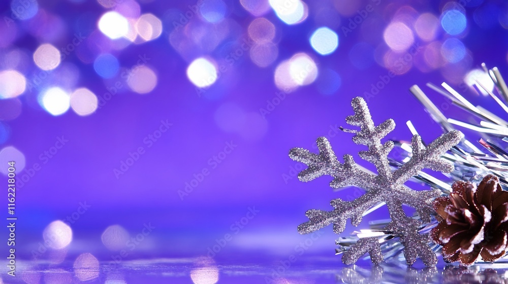 Poster a festive winter scene featuring a snowflake and pine cone against a bokeh background.
