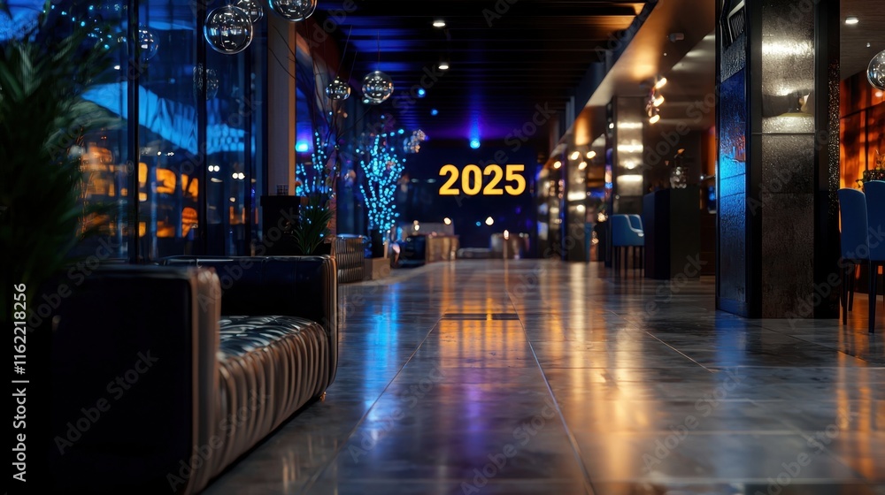 Poster a large sign with the number 2025 on it hangs in a large room