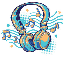 Music design - drawn colorful audio headphones and musical notes