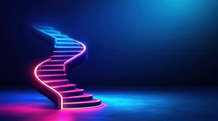 Neon-lit spiral staircase with blue and pink glowing lights in a dark setting. leadership concept