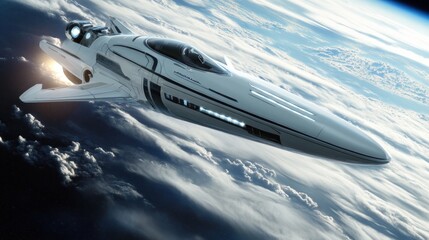 Futuristic spaceship soaring above Earth's atmosphere.