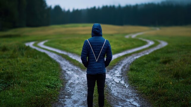 A man in a blue jacket stands in the middle of a road with two paths ahead of hi