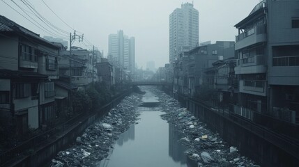 Urban River Waste in Gloomy Overcast Setting