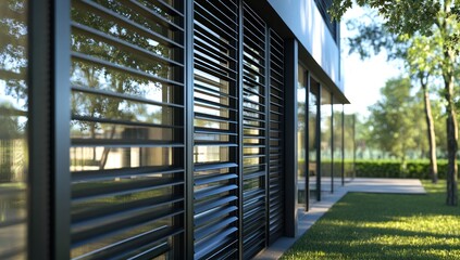 Modern House Exterior Black Metal Louvers Sunny Day Green Lawn