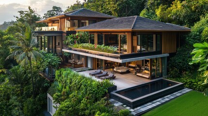 Obraz premium Modern villa surrounded by lush greenery and nature.