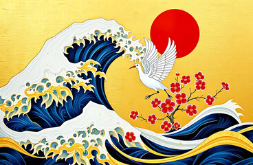 Fototapeta premium A vibrant, artistic interpretation of the iconic Great Wave off Kanagawa, reimagined in a stylized, paper-cut style