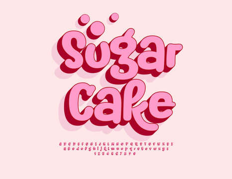 Vector sweet logo Sugar Cake with cute 3D Font. Pink stylish set of Alphabet Letters and Numbers