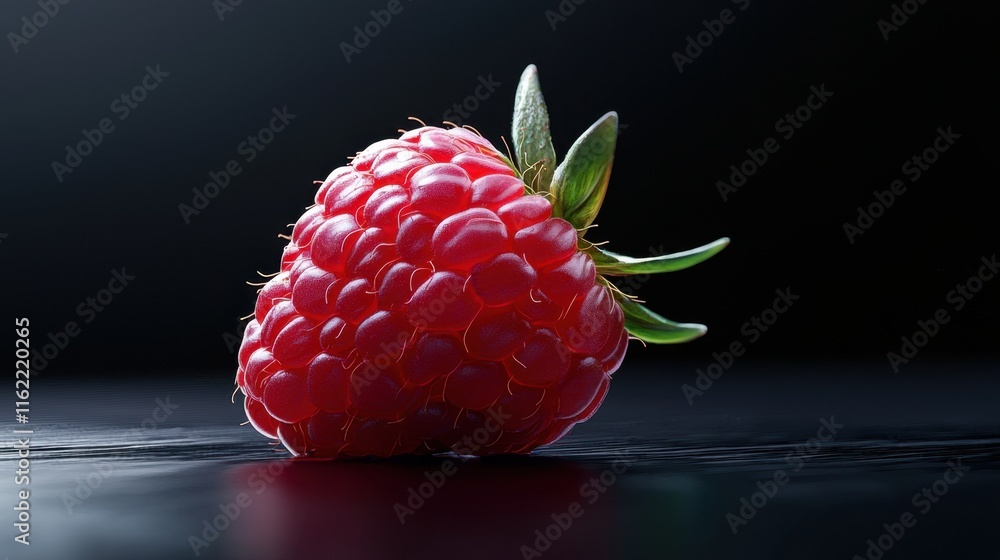 Poster a close up of a red raspberry on a black background