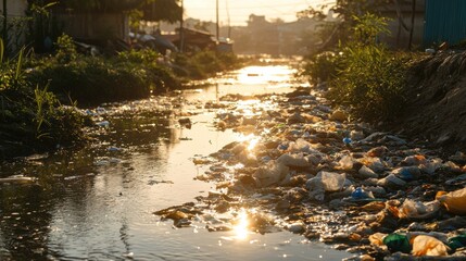 Waste Along Rural Creek in Midday Sunlight