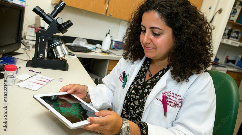 Poster researcher analyzing data on a tablet in a lab.