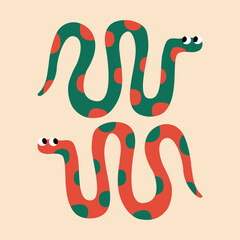 Tropical colorful snakes hand drawn vector illustration. Isolated mangrove serpents in flat style for logo, icon or poster.