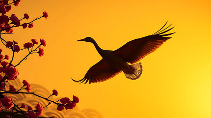 Fototapeta premium A striking silhouette of a crane in flight against a vibrant golden sunrise