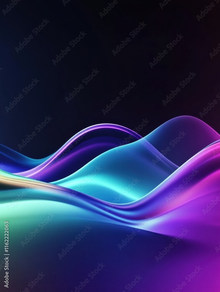 Aufkleber sound waves gliding through a vibrant 3d abstract landscape in a colorful spectrum of blues and purp