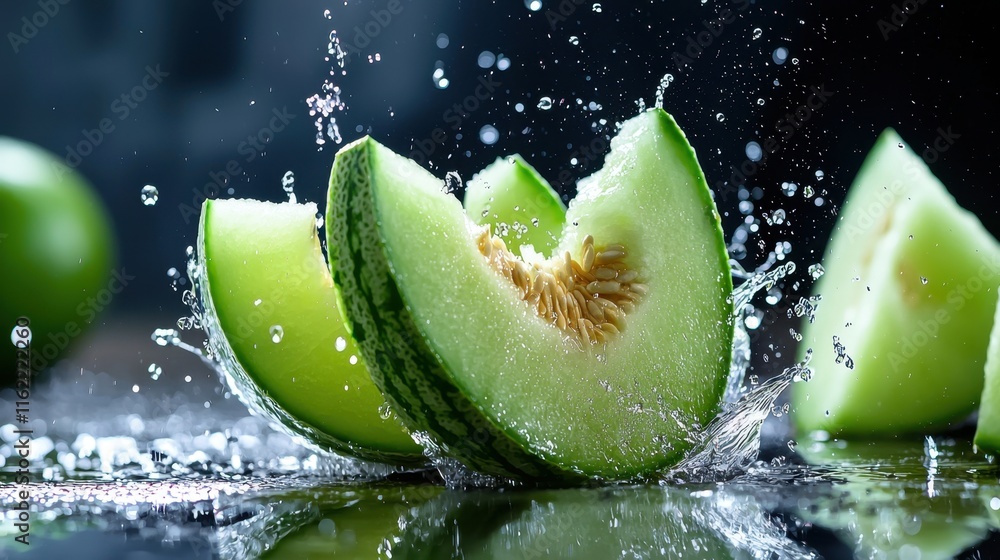 Poster a slice of watermelon is splashing water on a table