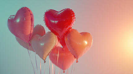 A cluster of heart-shaped red and pink balloons floating against a pastel-colored background