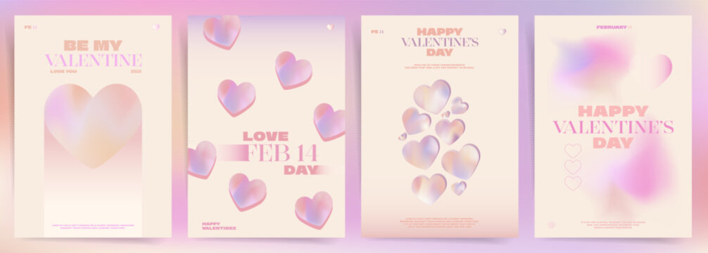 Valentines Love Aesthetics. Set of Valentine’s Day posters with holographic gradient hearts, romantic pastel tones, and modern minimalist typography for celebrations, branding, wedding and promotion.