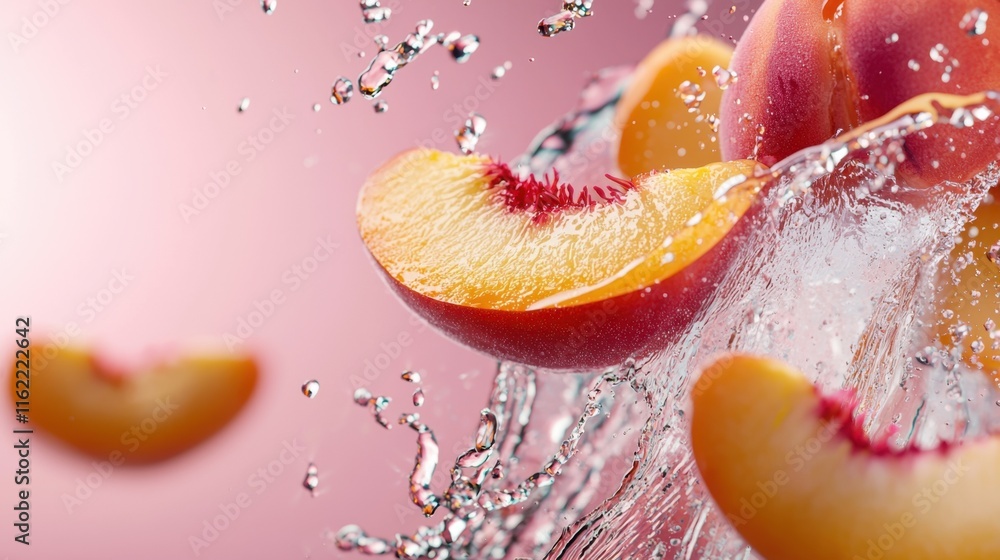 Poster a close up of a peach with water splashing around it