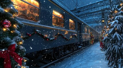 Obraz premium Festive train scene in a snowy winter landscape.