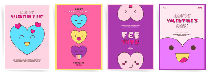 Playful Y2k Valentine’s Day posters with colorful groovy cartoon hearts, fun typography, and vibrant backgrounds for cheerful and romantic celebrations.