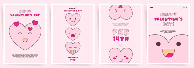 Cute Valentine’s Day poster templates with cartoon style heart characters, playful typography, and pastel colors for romantic celebrations, baby birthday and seasonal promotions.