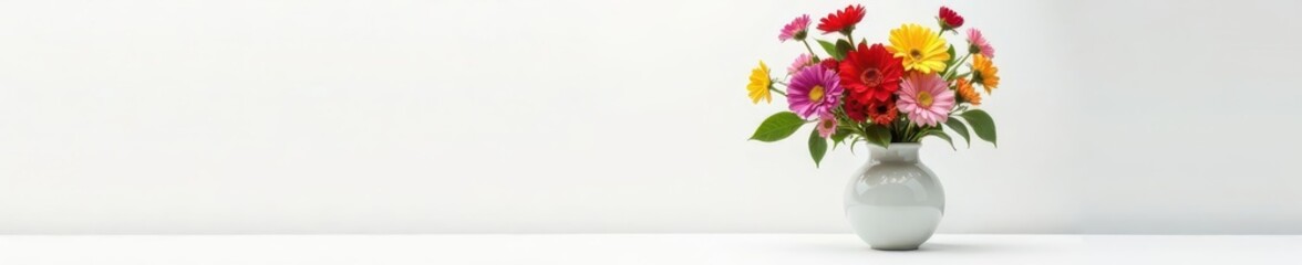 Fototapeta premium Colorful flowers fill a sleek and elegant vase on a crisp white background, home decor, interior design, bouquet