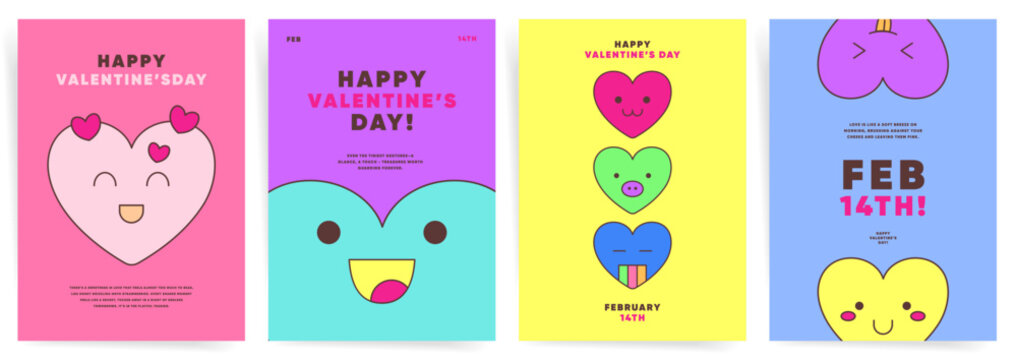 Playful Valentines Day poster templates with colorful heart characters and cheerful designs. Perfect for kids events, greeting cards, and festive decor.

