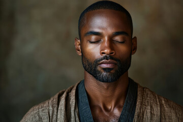 A serene close-up portrait of a dark-skinned man with eyes closed, radiating peace and tranquility.