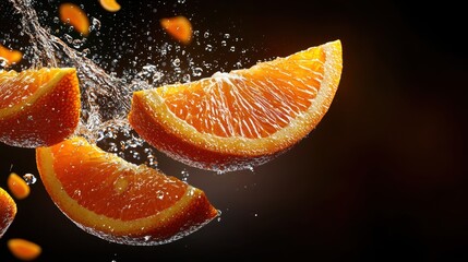 A close up of an orange slice with water droplets falling from it