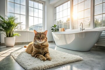 Cozy Cat Relaxing in Modern Bathroom - Stock Photo
