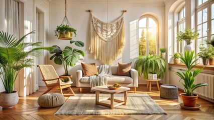Cozy Boho Living Room Interior Design with Soft Textures and Natural Light