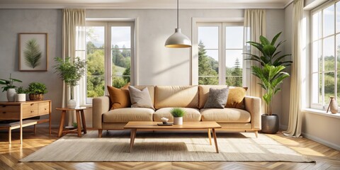 Cozy Beige Scandinavian Living Room Interior Design Stock Photo