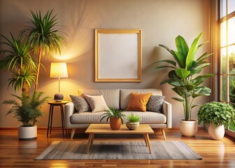 Cozy Living Room Interior Design Mockup: Blank Frame, Plants, Warm Lighting