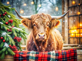 Cozy Highland Cow Christmas Watercolor Plaid Long Exposure Stock Photo