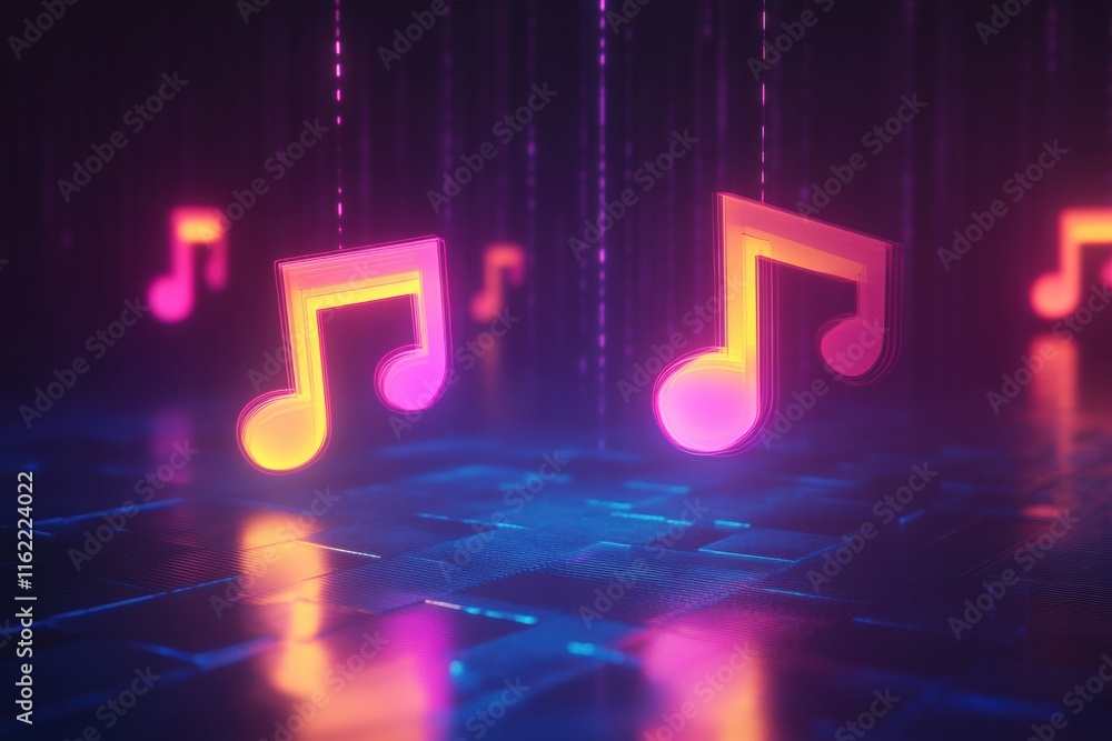 Poster colorful 3d music notes illuminated with vibrant lights in a digital landscape. generative ai