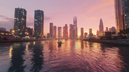 Fototapeta premium Sunset over a city skyline reflecting in water.