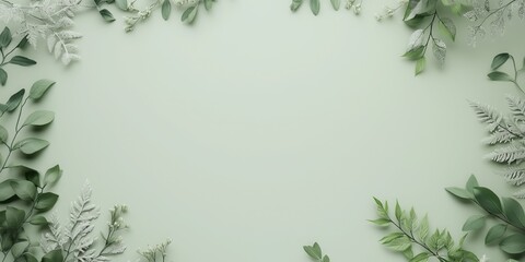 Naklejka premium Green Greenery Frame: A delicate and calming frame of green leaves and sprigs on a soft green background, ideal for showcasing your product or message.
