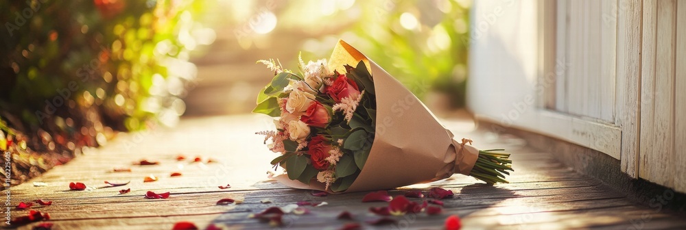Poster bouquet of colorful flowers wrapped in kraft paper on a wooden pathway with scattered petals. genera